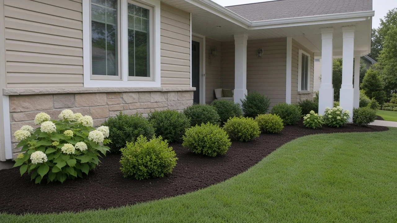 Foundation shrub plantings with fresh mulch along an Iowa home