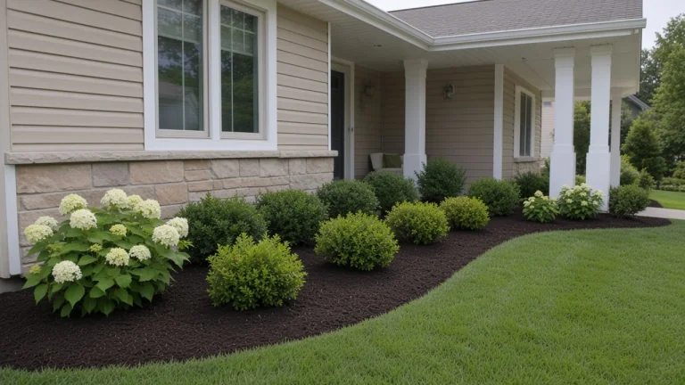 Foundation shrub plantings with fresh mulch along an Iowa home