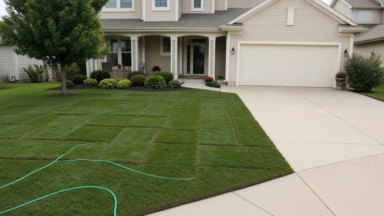 Fresh sod lawn installation on an Iowa residential lot