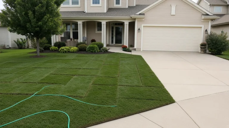 Fresh sod lawn installation on an Iowa residential lot