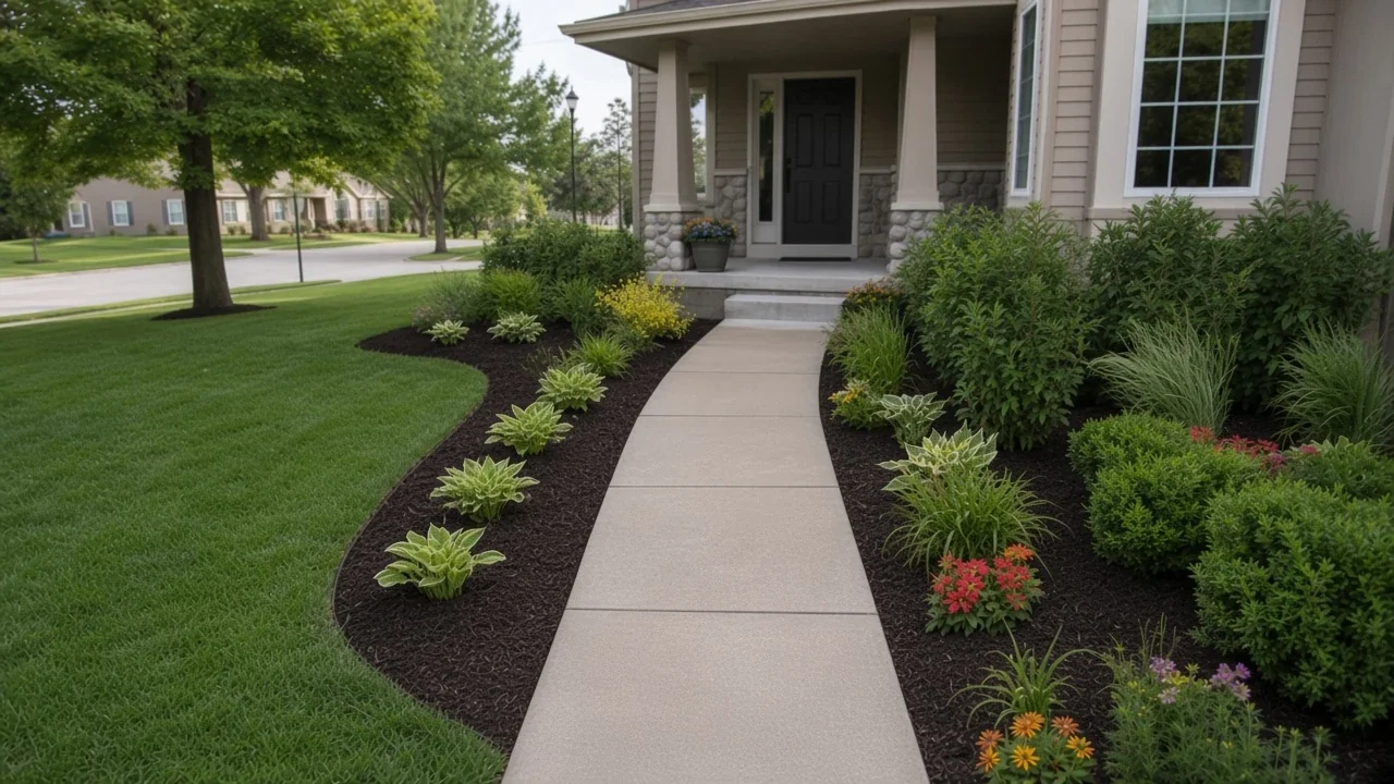 Hostas and flowers along a front walk after spring landscape cleanup