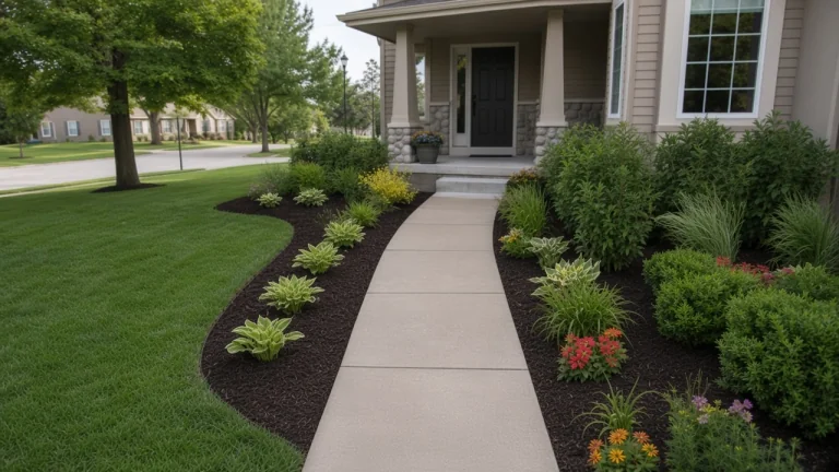 Hostas and flowers along a front walk after spring landscape cleanup