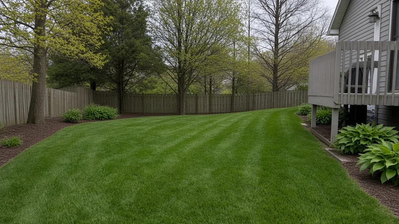 Iowa lawn after spring mowing with stripes around mature trees