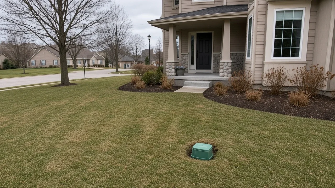Irrigation valve box in a dormant Iowa lawn before winter blowout