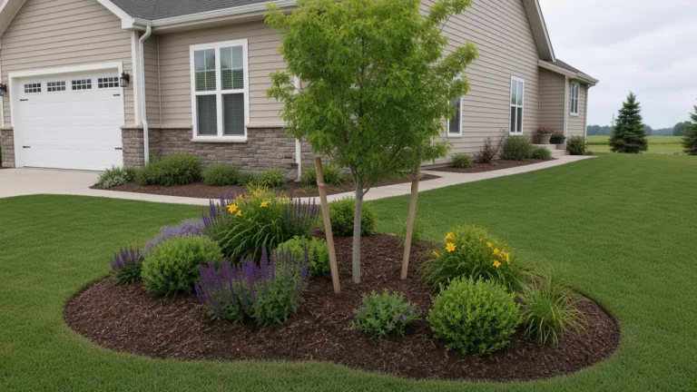 Newly planted trees with mulch rings in a Cedar Falls yard