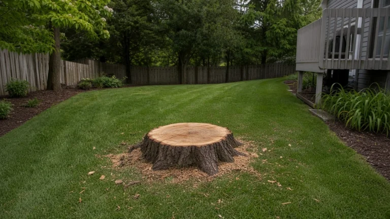 Freshly cut tree stump with sawdust in a Cedar Falls backyard after removal
