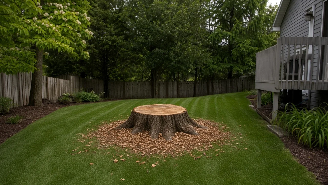Wide tree stump surrounded by chips in an Iowa backyard before grinding