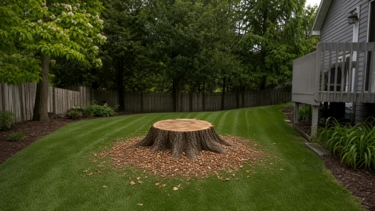 Wide tree stump surrounded by chips in an Iowa backyard before grinding
