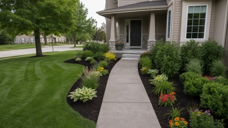Restored Iowa landscape with healthy lawn and replanted beds