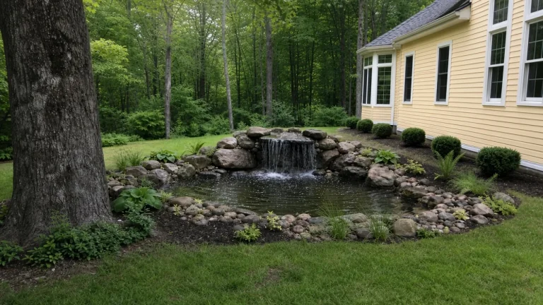 Multi-tiered stone waterfall needing seasonal Iowa water-feature care