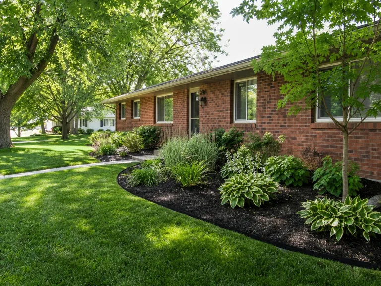 Full landscape installation with fresh plantings and mulched beds in Cedar Falls, Iowa