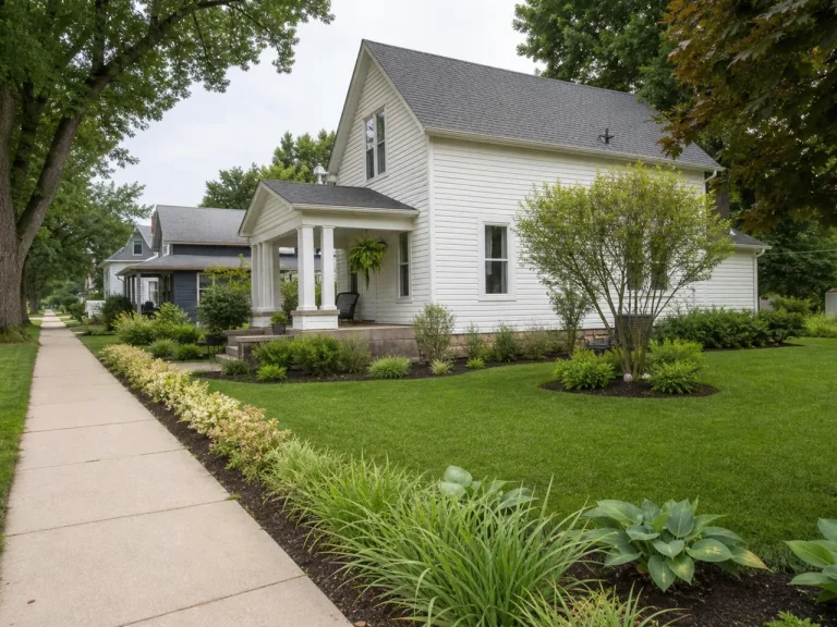 Completed landscaping with sidewalk border plantings in Dunkerton, Iowa