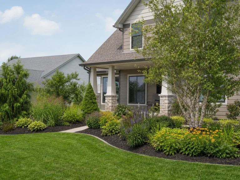 Custom landscape design with layered garden beds in Waverly, Iowa
