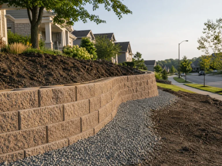 Retaining wall installation on a sloped yard in Cedar Falls, Iowa
