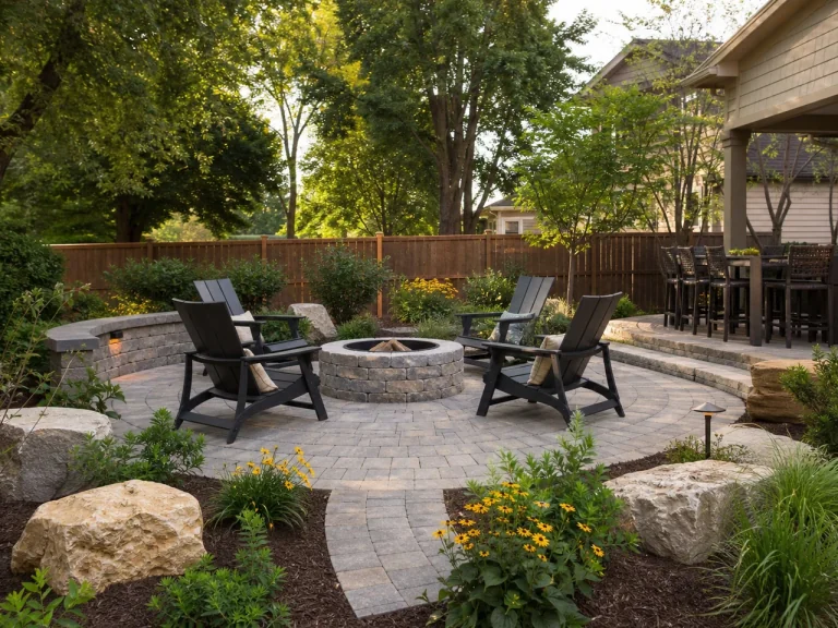 Backyard paver patio and plantings in Dunkerton, Iowa