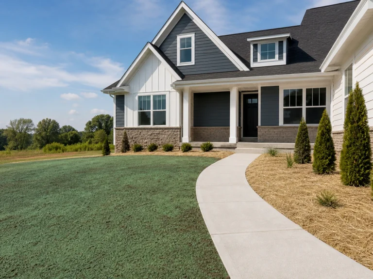 New construction yard with hydroseed and young plantings in Hudson, Iowa
