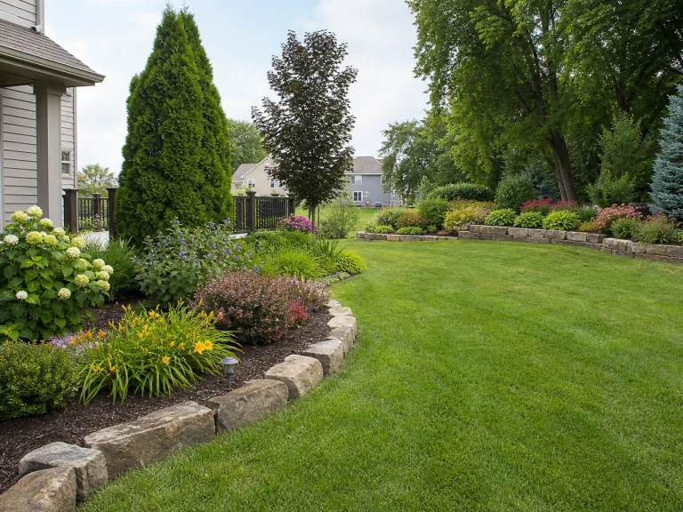 Layered landscape beds and stone border edging in Waterloo, Iowa