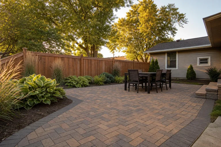 Custom paver patio installation with herringbone pattern