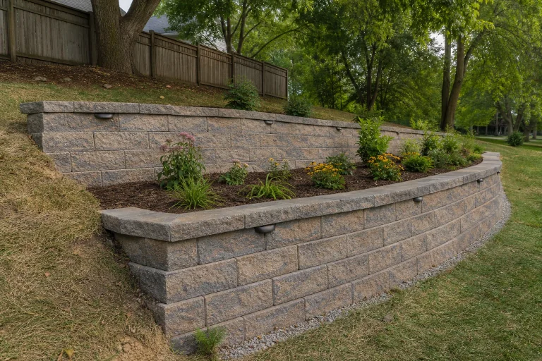 Block retaining wall installation with tiered garden beds