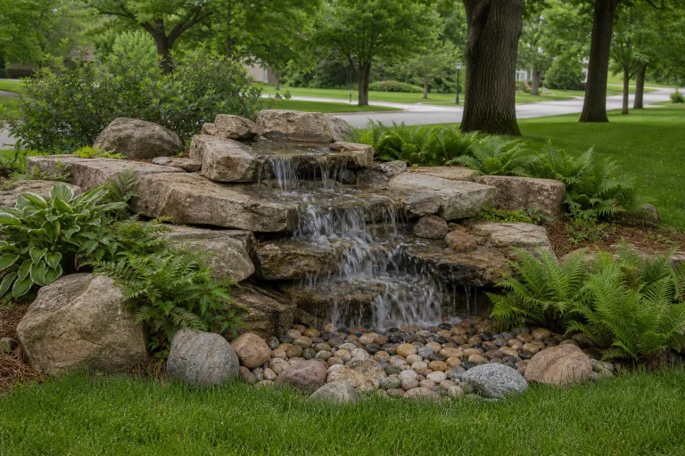 Custom stone pondless waterfall installation