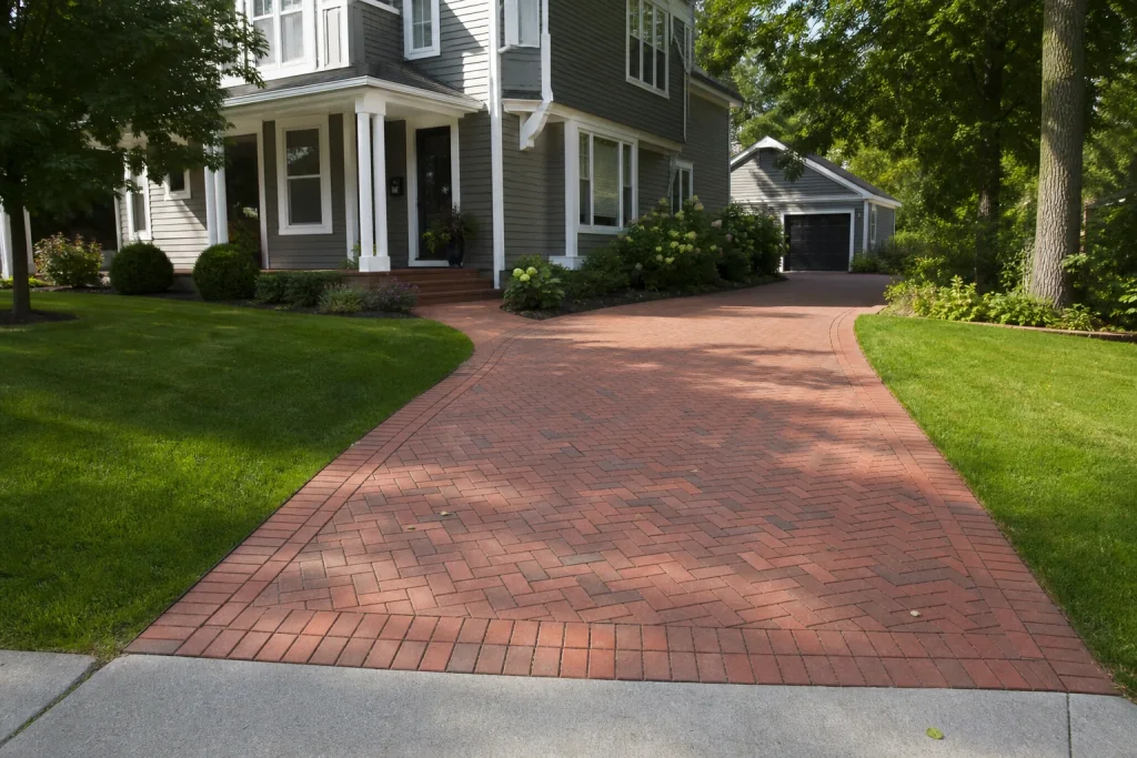 New brick paver driveway with herringbone pattern
