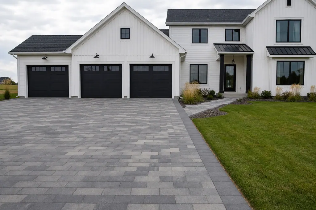 New gray paver driveway at a modern farmhouse