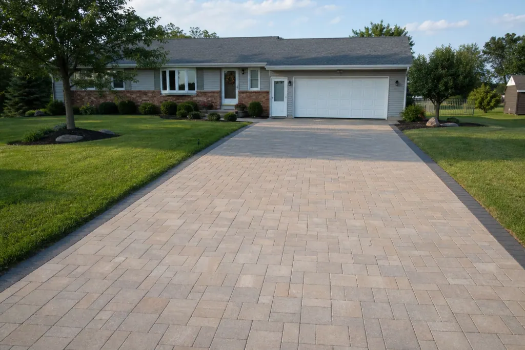New paver driveway leading to an attached garage