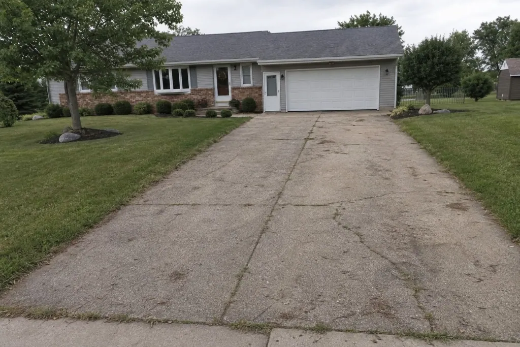 Cracked asphalt driveway before paver replacement