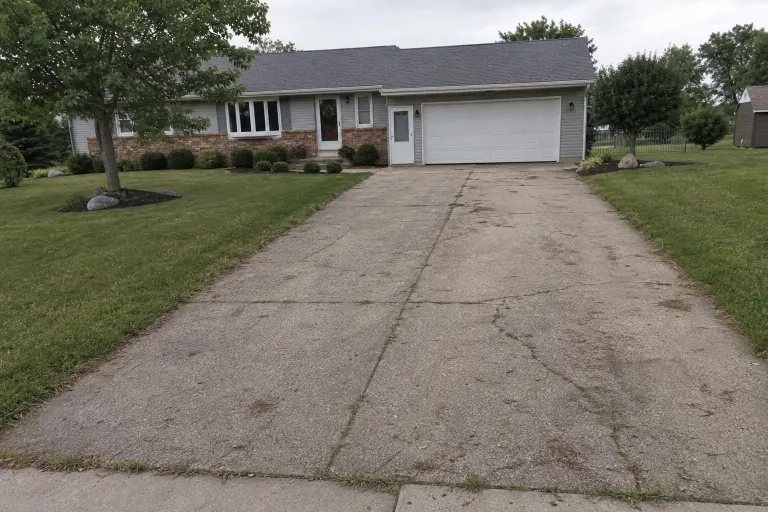 Cracked asphalt driveway before paver replacement