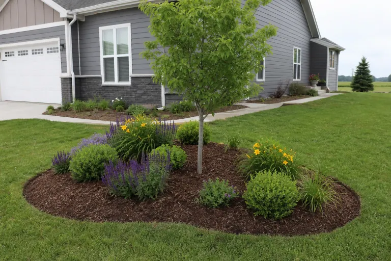 New island bed with a tree, perennials, and mulch