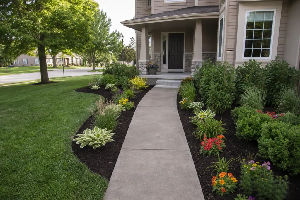 New planting beds lining the front walkway with hostas and flowers