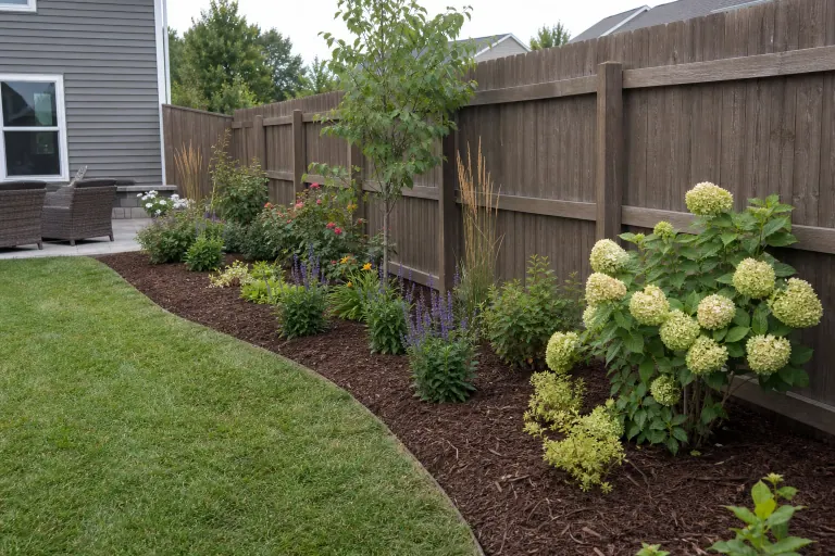 New border bed along the fence with hydrangeas and perennials