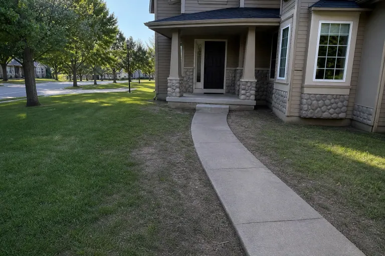 Plain lawn along front walkway before landscape bed installation