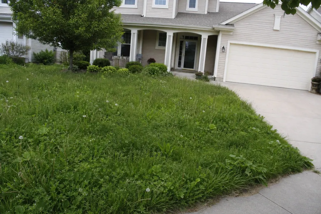 Overgrown front yard lawn before professional mowing along the driveway