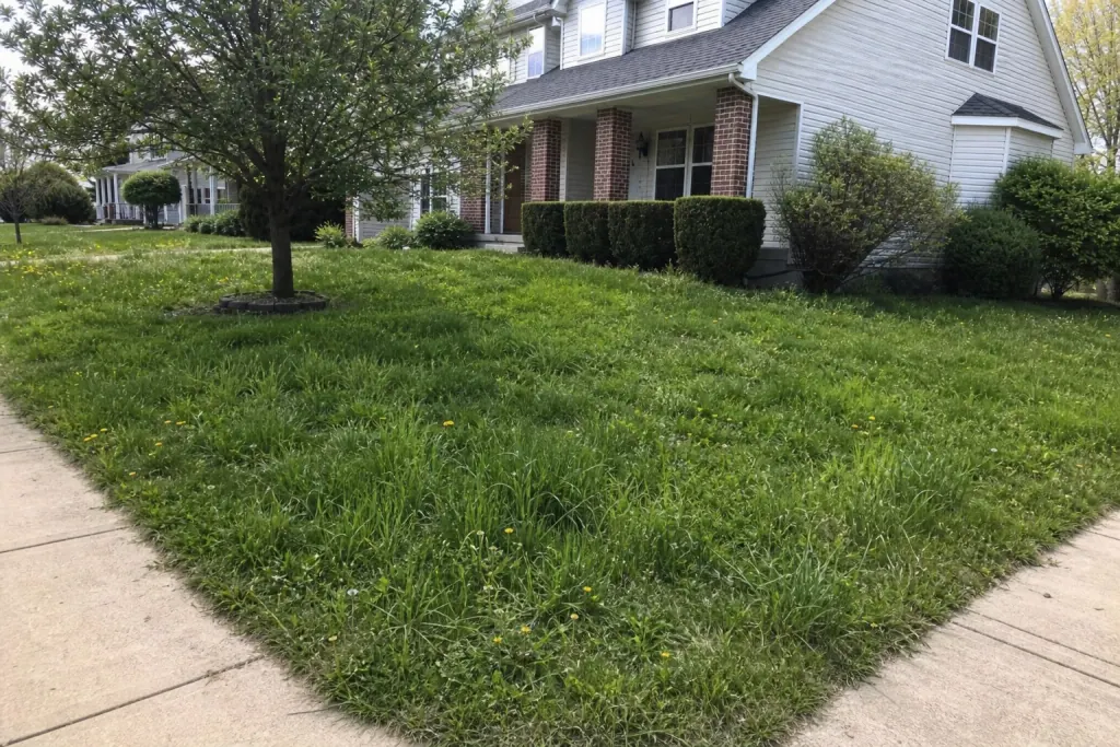 Weedy corner-lot front yard before professional lawn mowing