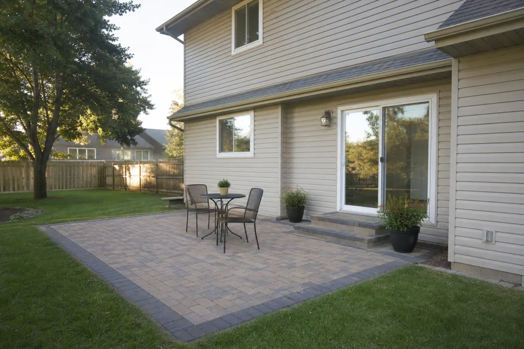 Completed paver patio with fire pit and seating area