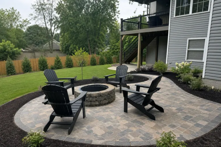 New paver patio with stone fire pit and Adirondack chairs