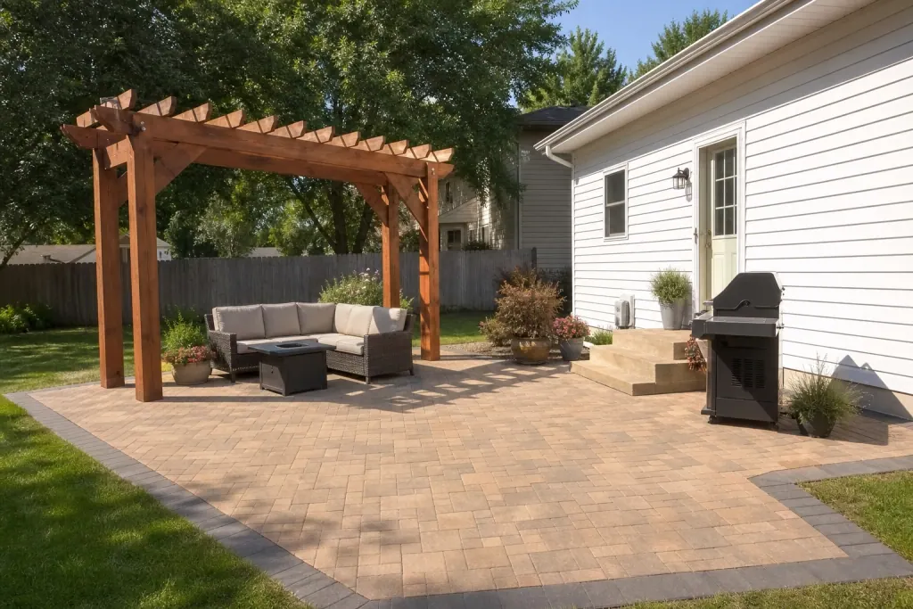 New paver patio with pergola and outdoor lounge seating