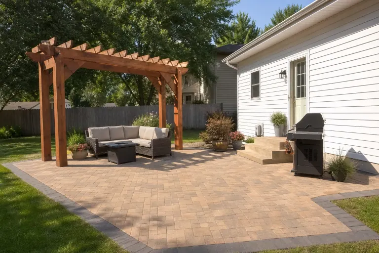 New paver patio with pergola and outdoor lounge seating