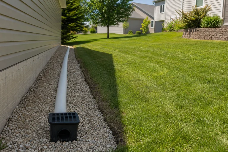 Yard drainage solution with French drain and regraded lawn