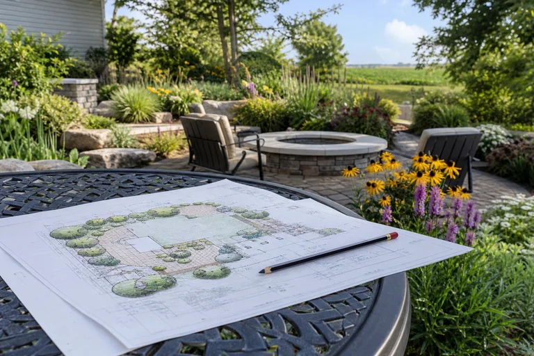 Custom landscape design plan with completed garden installation