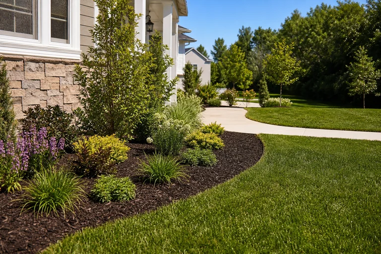 New landscape installation with mulch beds, plantings, and walkway