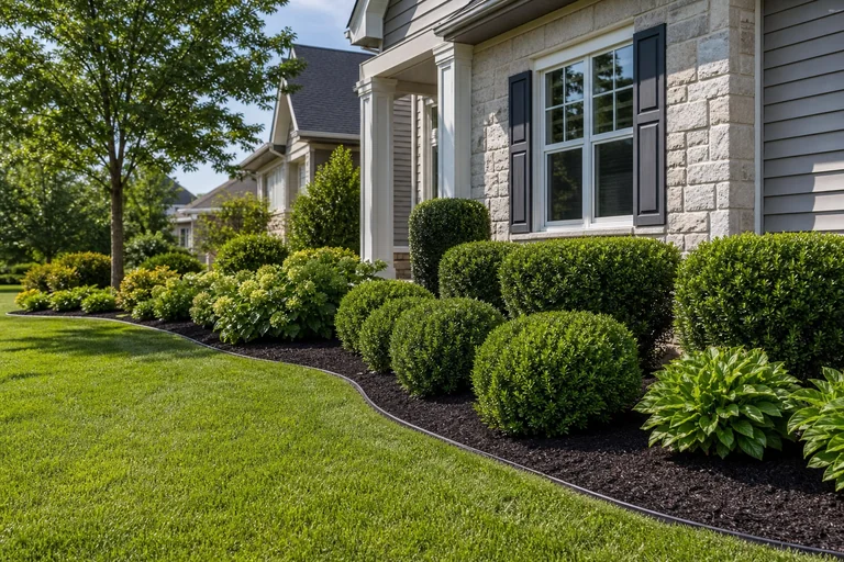 Landscape maintenance with pruned shrubs, fresh mulch, and bed edging