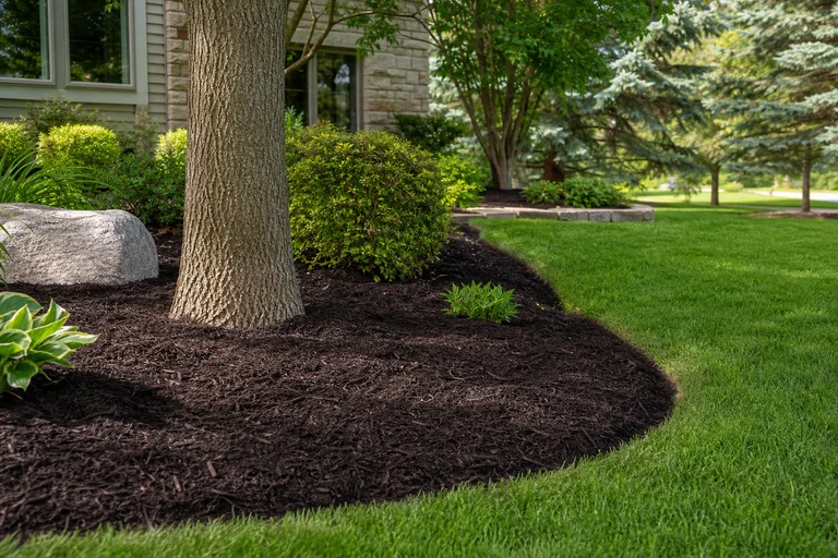 Fresh mulch installation in garden beds with clean edging