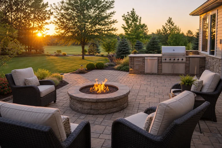 Outdoor living space with paver patio and fire pit