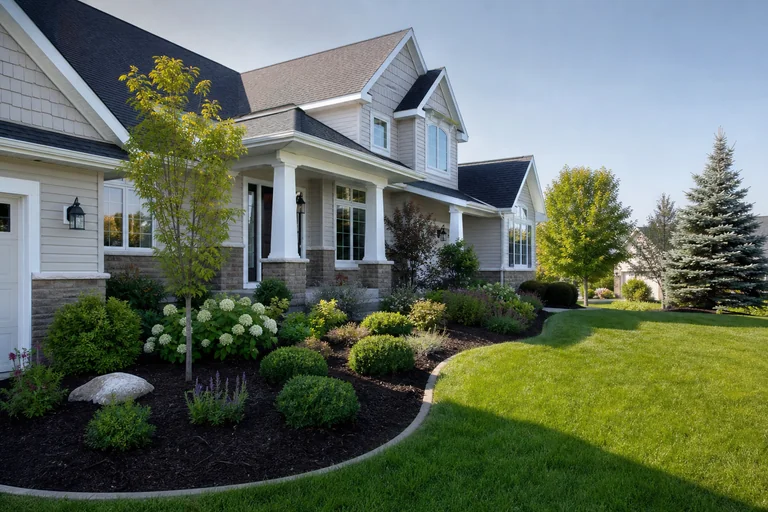 Restored residential landscape with replanted beds and healthy lawn