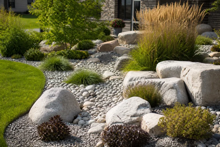 Decorative river rock and boulder landscaping