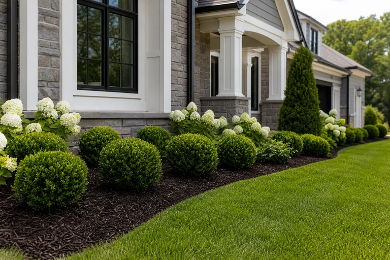 Foundation shrub plantings with fresh mulch beds