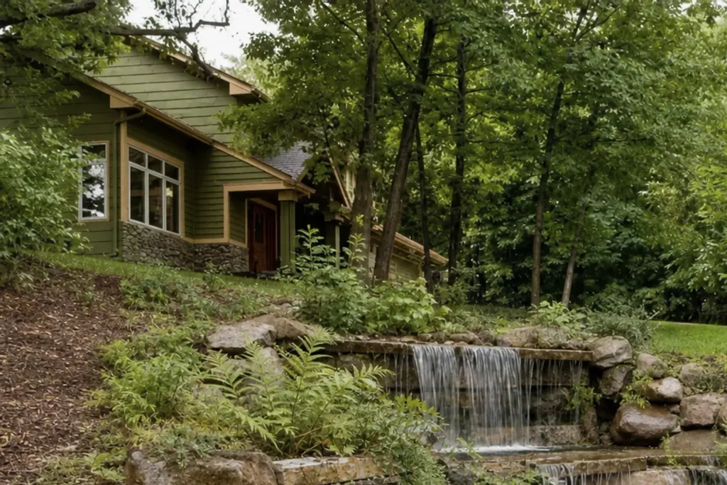 Multi-tiered stone waterfall with retaining wall and garden steps