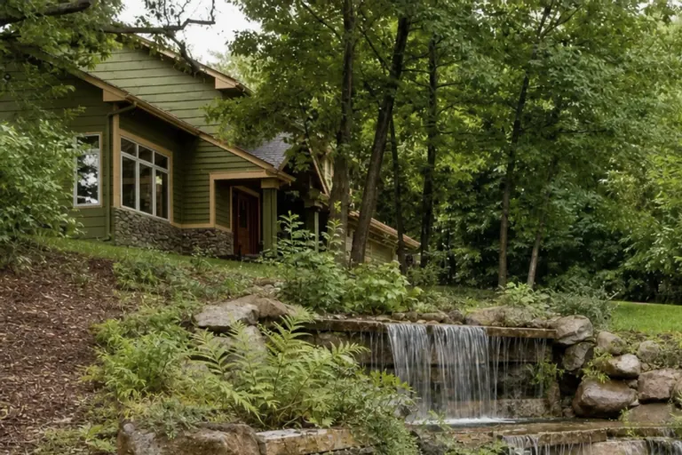 Multi-tiered stone waterfall with retaining wall and garden steps